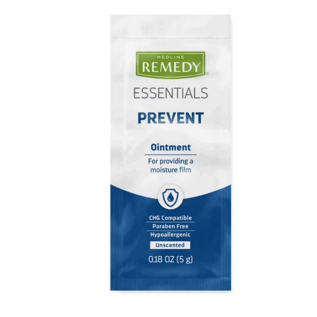 A single-use 0.18 oz packet of Medline Remedy Essentials Moisturizing Ointment - Travel Packets with Vitamins A, D, E; CHG compatible, paraben free, hypoallergenic, unscented; forms a moisture barrier to support skin’s natural protection.